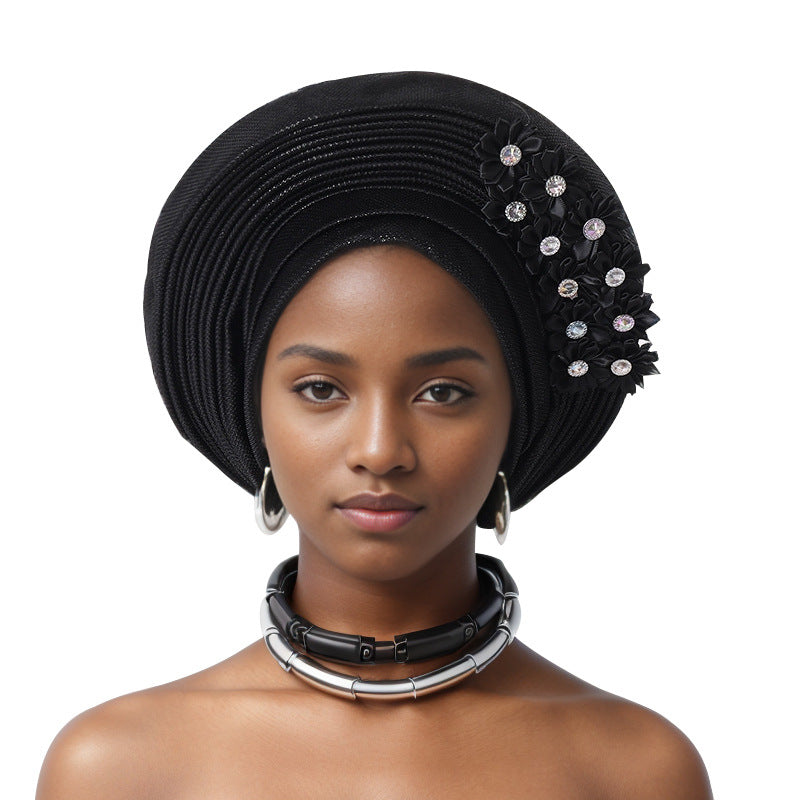 sticky flower heavy industry bright silk stacked strappy hat Nigerian wedding party aoto gele toe cap