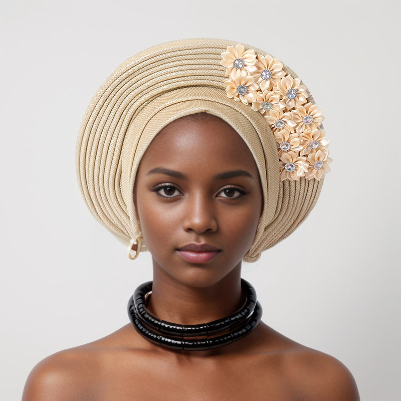 sticky flower heavy industry bright silk stacked strappy hat Nigerian wedding party aoto gele toe cap