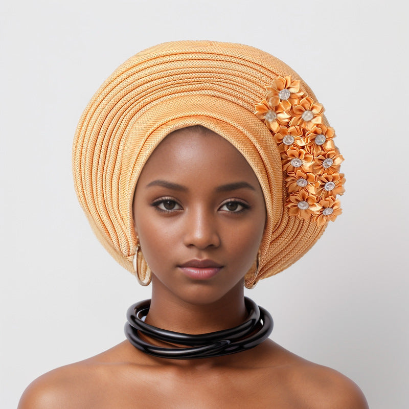 sticky flower heavy industry bright silk stacked strappy hat Nigerian wedding party aoto gele toe cap