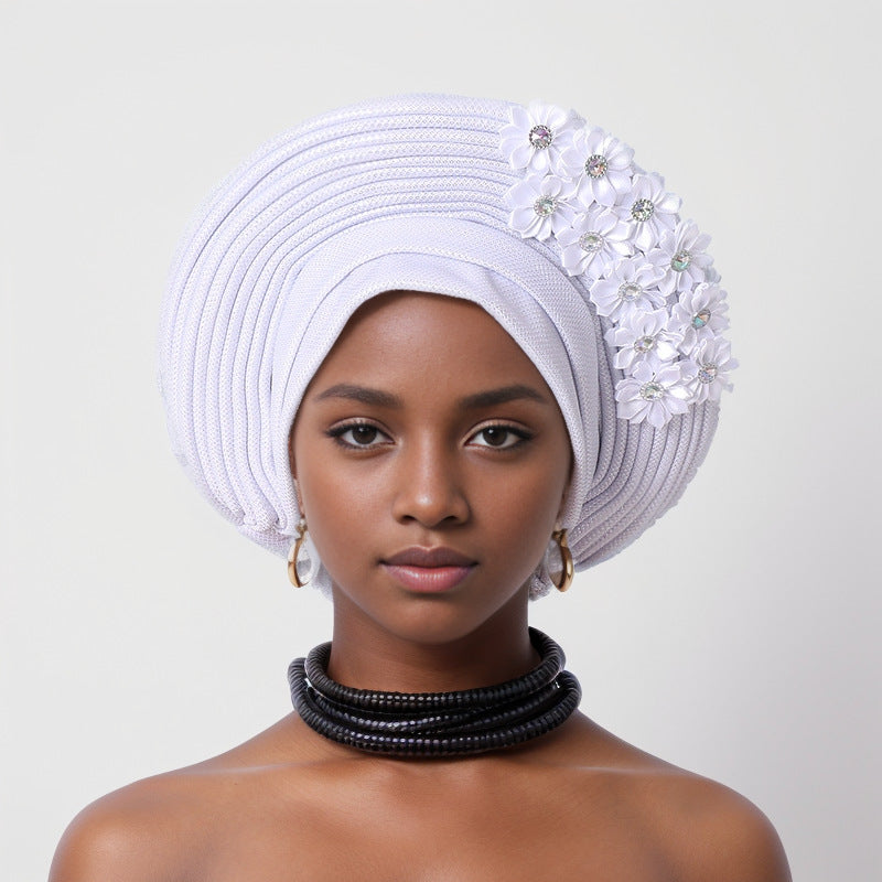 sticky flower heavy industry bright silk stacked strappy hat Nigerian wedding party aoto gele toe cap