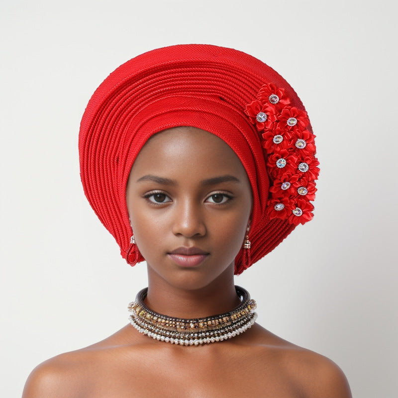 sticky flower heavy industry bright silk stacked strappy hat Nigerian wedding party aoto gele toe cap