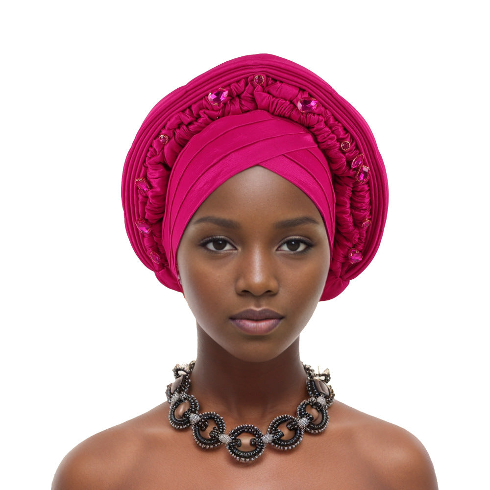 Elegant African Headwrap,Nigerian Wedding & Party Headpiece,Embroidered with Rhinestones,Stretchy Cap for Special Occasions