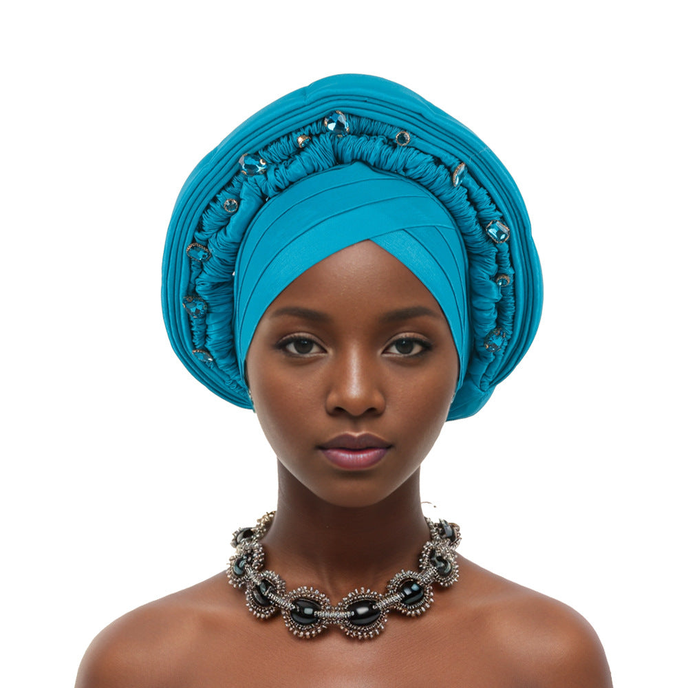 Elegant African Headwrap,Nigerian Wedding & Party Headpiece,Embroidered with Rhinestones,Stretchy Cap for Special Occasions