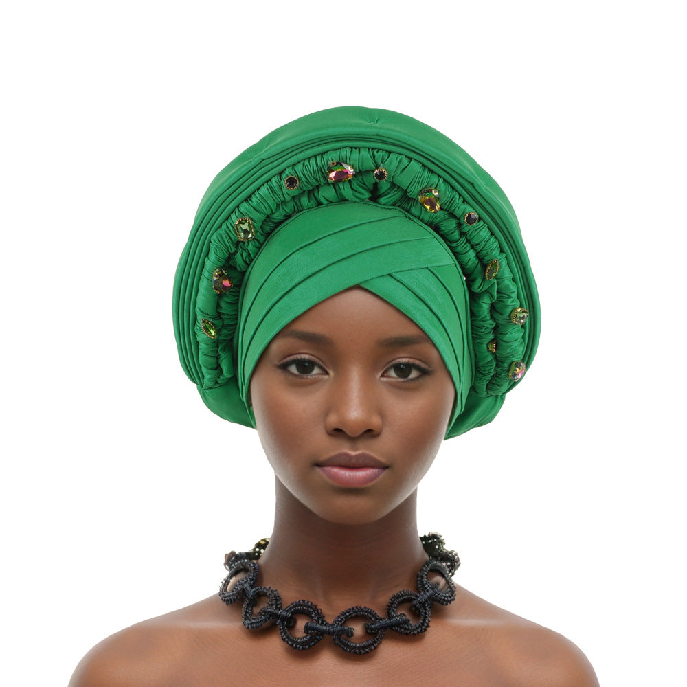 Elegant African Headwrap,Nigerian Wedding & Party Headpiece,Embroidered with Rhinestones,Stretchy Cap for Special Occasions