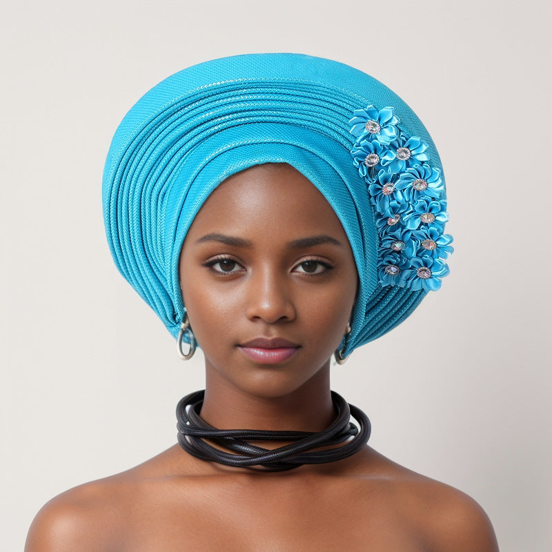 sticky flower heavy industry bright silk stacked strappy hat Nigerian wedding party aoto gele toe cap