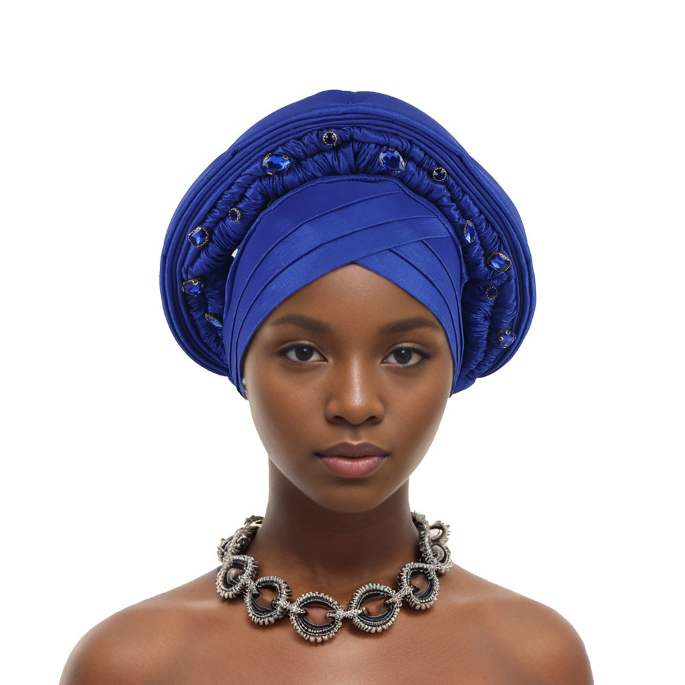 Elegant African Headwrap,Nigerian Wedding & Party Headpiece,Embroidered with Rhinestones,Stretchy Cap for Special Occasions