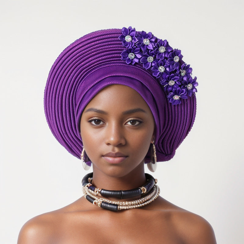 sticky flower heavy industry bright silk stacked strappy hat Nigerian wedding party aoto gele toe cap