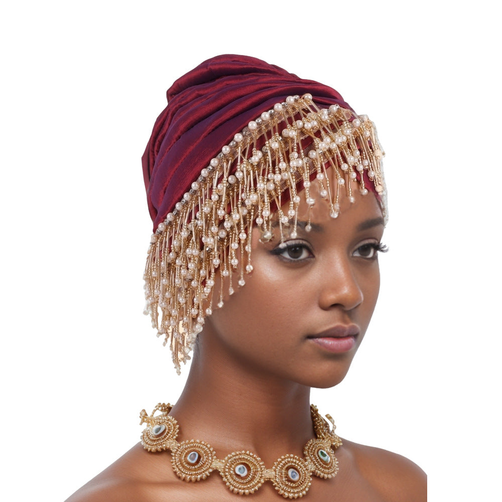 African Headscarf Watermelon Hat With Side Beaded Tassels