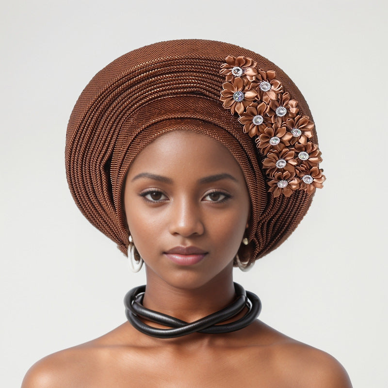 sticky flower heavy industry bright silk stacked strappy hat Nigerian wedding party aoto gele toe cap