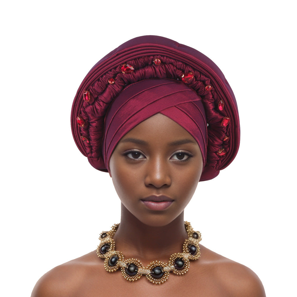 Elegant African Headwrap,Nigerian Wedding & Party Headpiece,Embroidered with Rhinestones,Stretchy Cap for Special Occasions