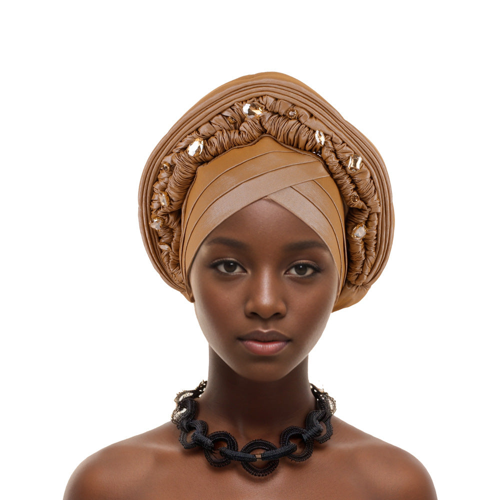 Elegant African Headwrap,Nigerian Wedding & Party Headpiece,Embroidered with Rhinestones,Stretchy Cap for Special Occasions