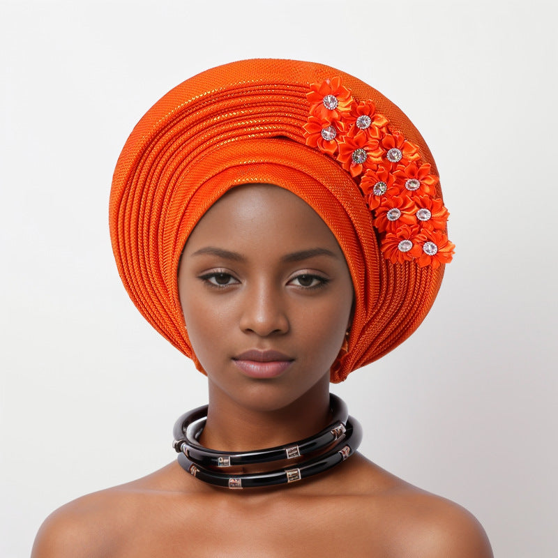 sticky flower heavy industry bright silk stacked strappy hat Nigerian wedding party aoto gele toe cap