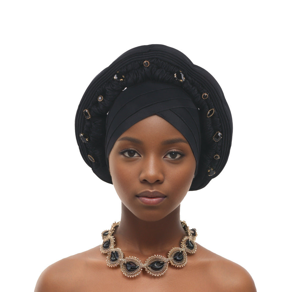 Elegant African Headwrap,Nigerian Wedding & Party Headpiece,Embroidered with Rhinestones,Stretchy Cap for Special Occasions