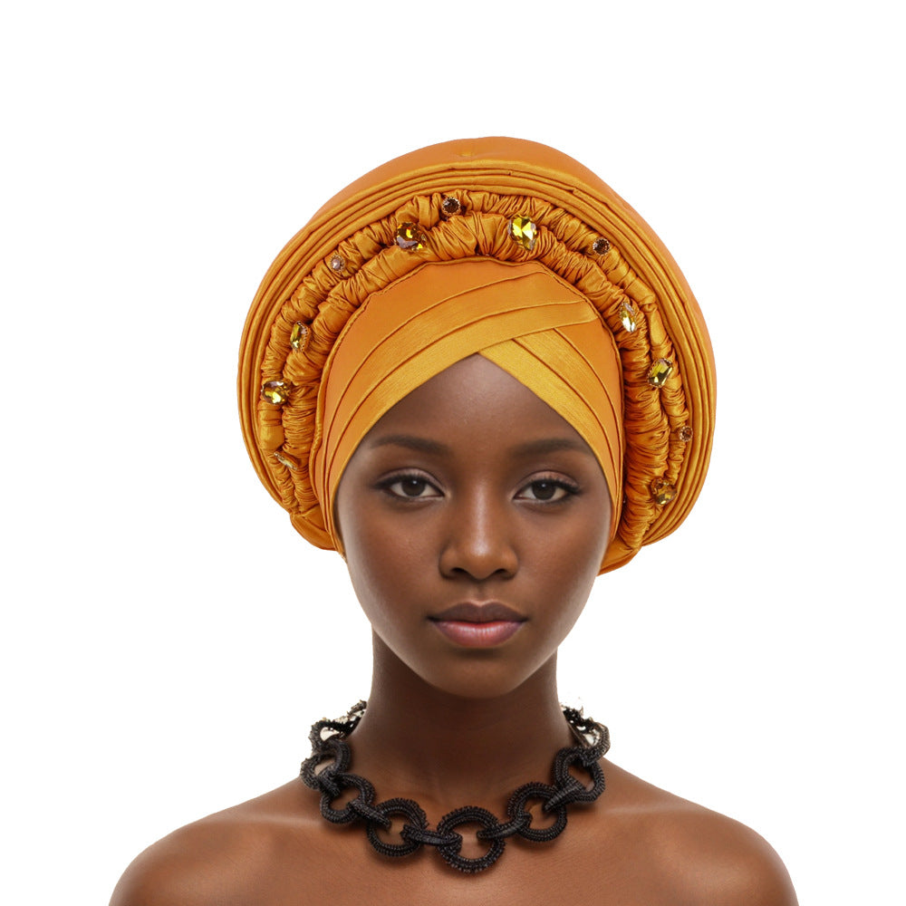 Elegant African Headwrap,Nigerian Wedding & Party Headpiece,Embroidered with Rhinestones,Stretchy Cap for Special Occasions