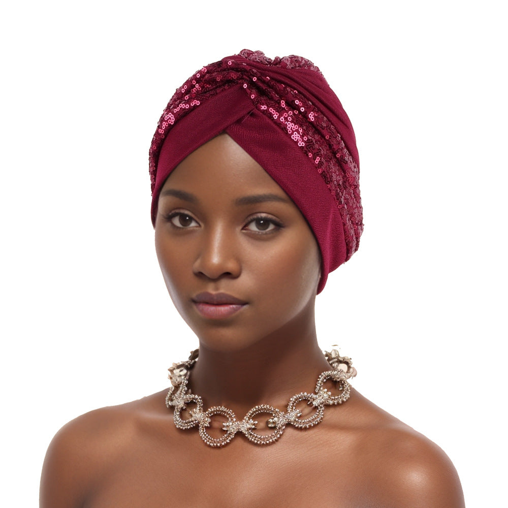 Solid color watermelon hat with sequin pattern Baotou hat African headscarf Europeans and Americans like it most