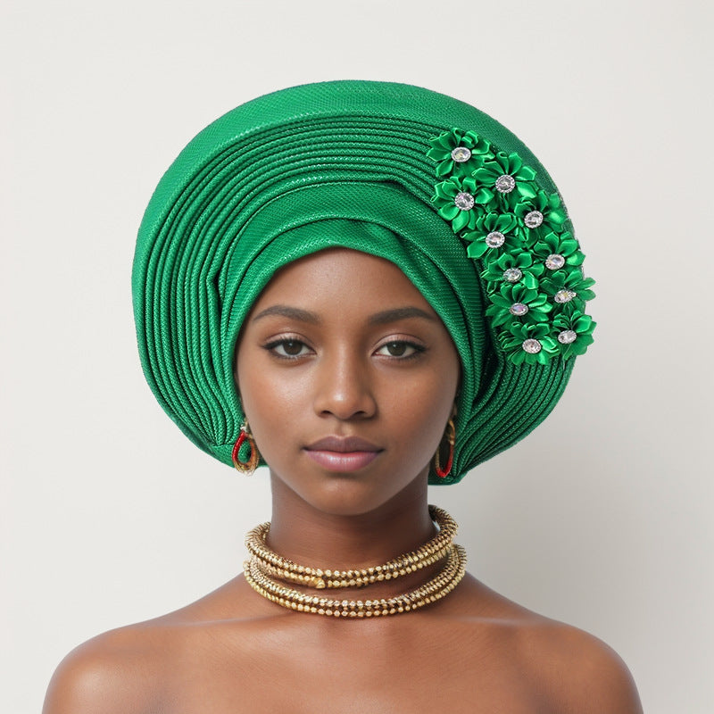 sticky flower heavy industry bright silk stacked strappy hat Nigerian wedding party aoto gele toe cap