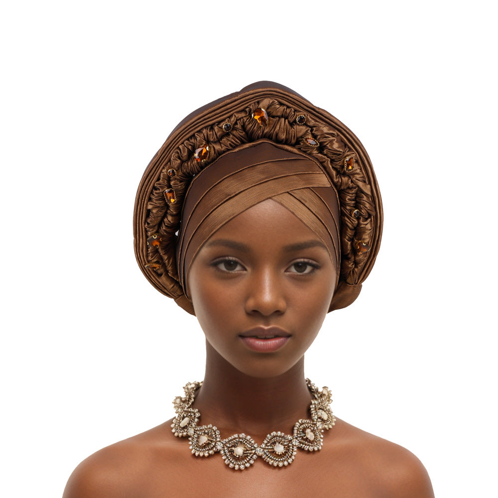 Elegant African Headwrap,Nigerian Wedding & Party Headpiece,Embroidered with Rhinestones,Stretchy Cap for Special Occasions