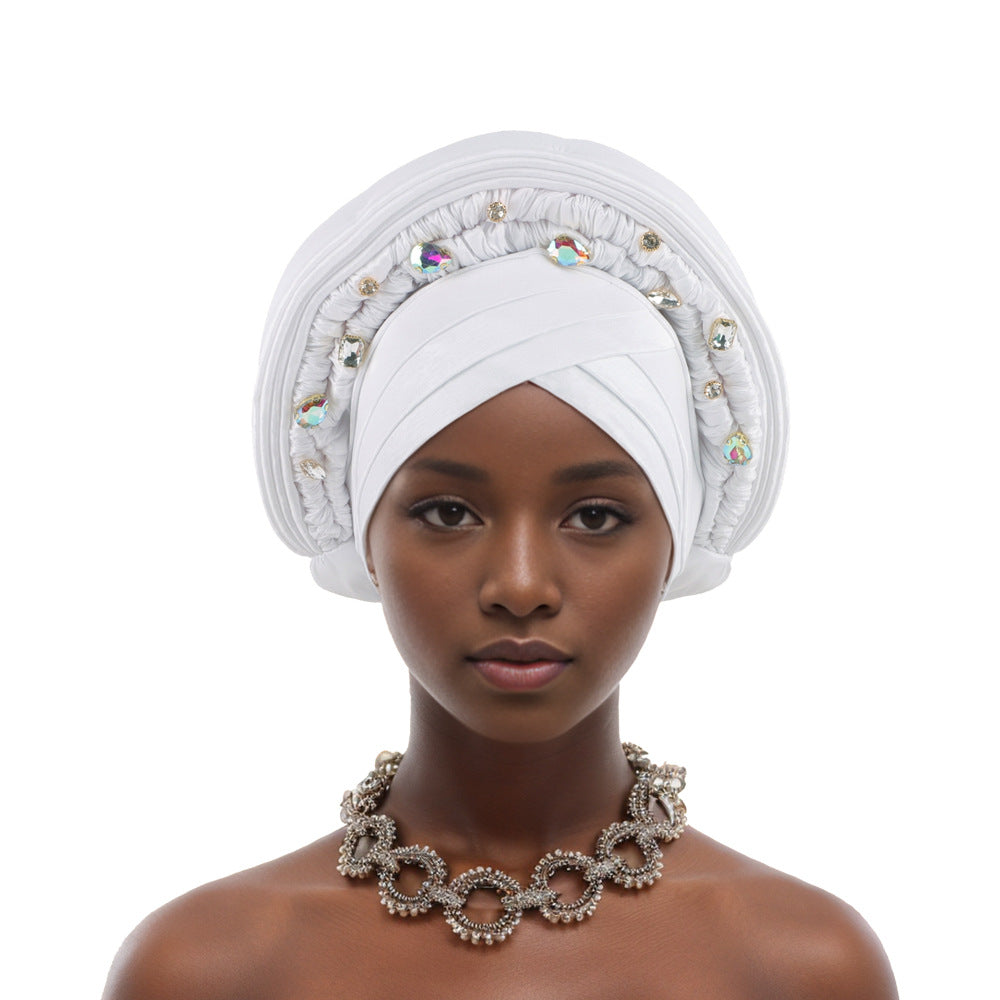 Elegant African Headwrap,Nigerian Wedding & Party Headpiece,Embroidered with Rhinestones,Stretchy Cap for Special Occasions