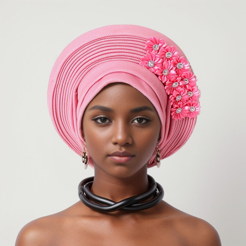 sticky flower heavy industry bright silk stacked strappy hat Nigerian wedding party aoto gele toe cap