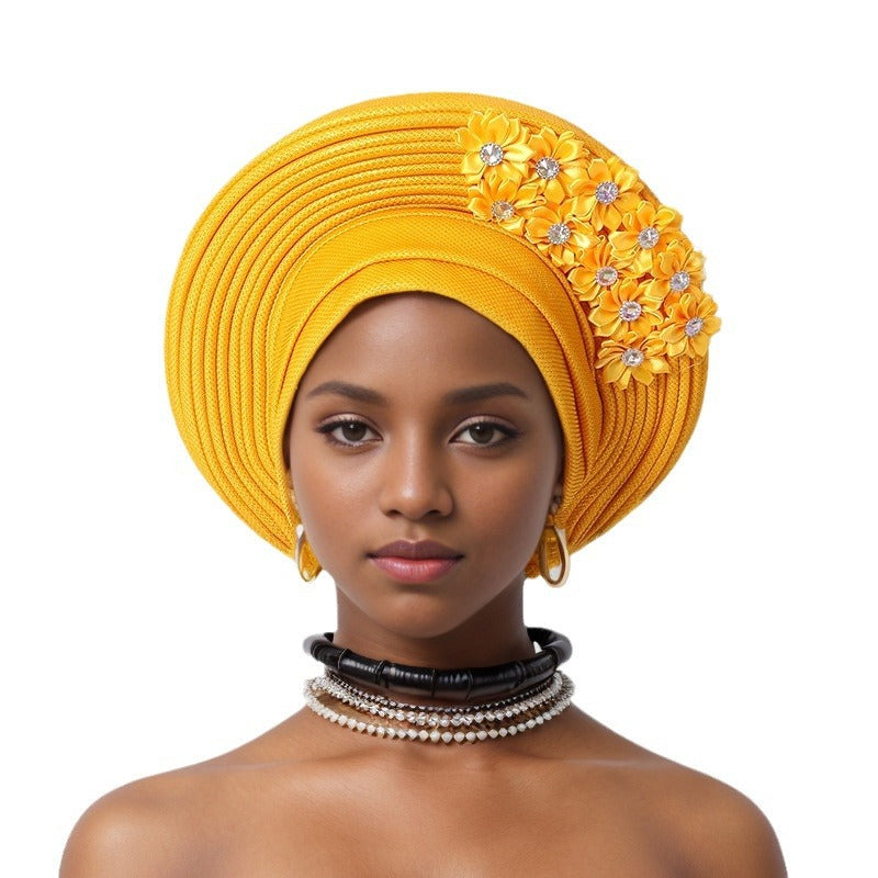 sticky flower heavy industry bright silk stacked strappy hat Nigerian wedding party aoto gele toe cap