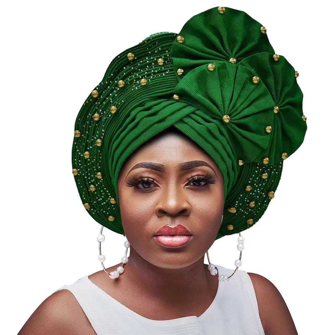 Nigerian Gele Headties with Beads and Stones African Headtie Women Head Wrap Already Made Auto