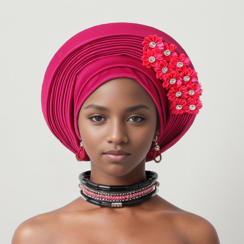 sticky flower heavy industry bright silk stacked strappy hat Nigerian wedding party aoto gele toe cap