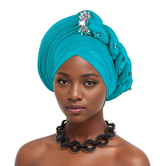 With crystal decoration New Fashion African Turban Layered Braided Hat Nigerian Wedding Fashion Turban Hat For Girls And Ladies